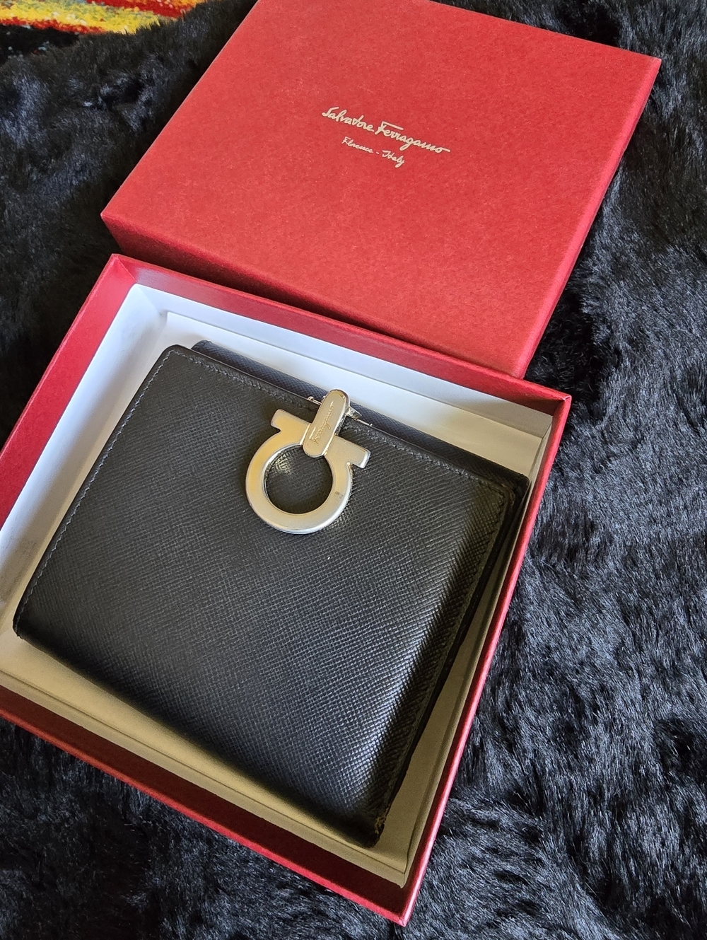 Salvatore Ferragamo Black Leather Wallet with Silver Gancini Accent